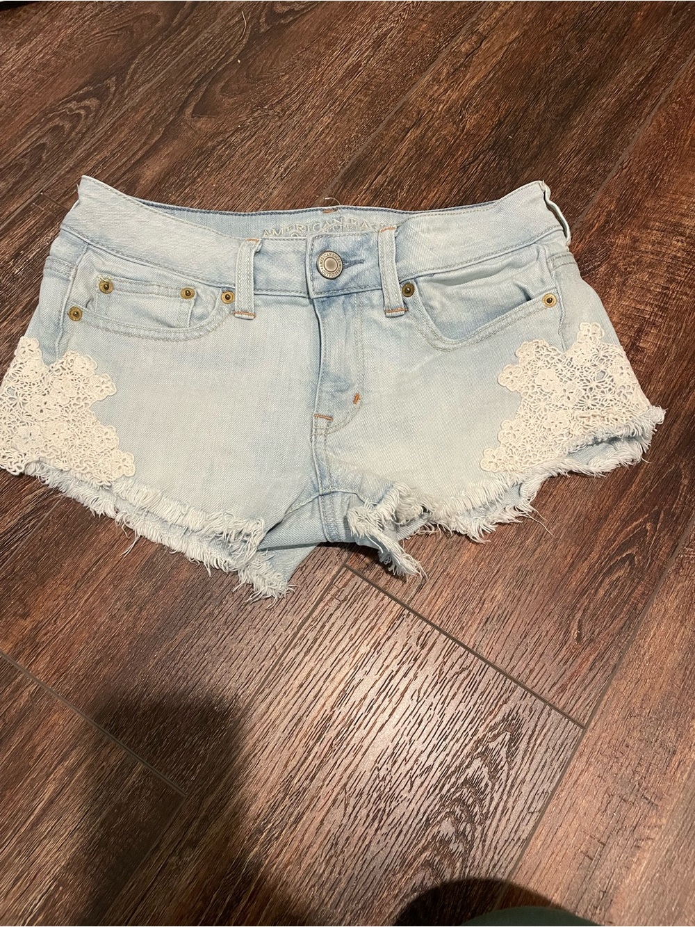 American Eagle Light Blue Denim Jean Shorts with Crochet Accent